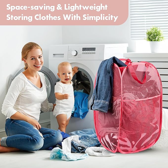 DUCOO Pop Up Hamper, 1 PCS Mesh Pop Up Laundry Hamper, Foldable Mesh Laundry Basket with Space-Saving Design for Home, Dorm, Travel & Storage - Red