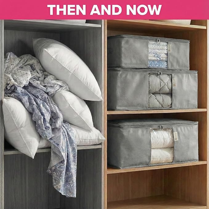 Cedar Storage Bag Organizer for Bedding Set - Protects from Moths, Moisture, Dirt & Dust - Set of 3 Storage Bags for Bed Sheets, Comforter, Pillows & More - Space-Saving Bedding Organizer, Gray