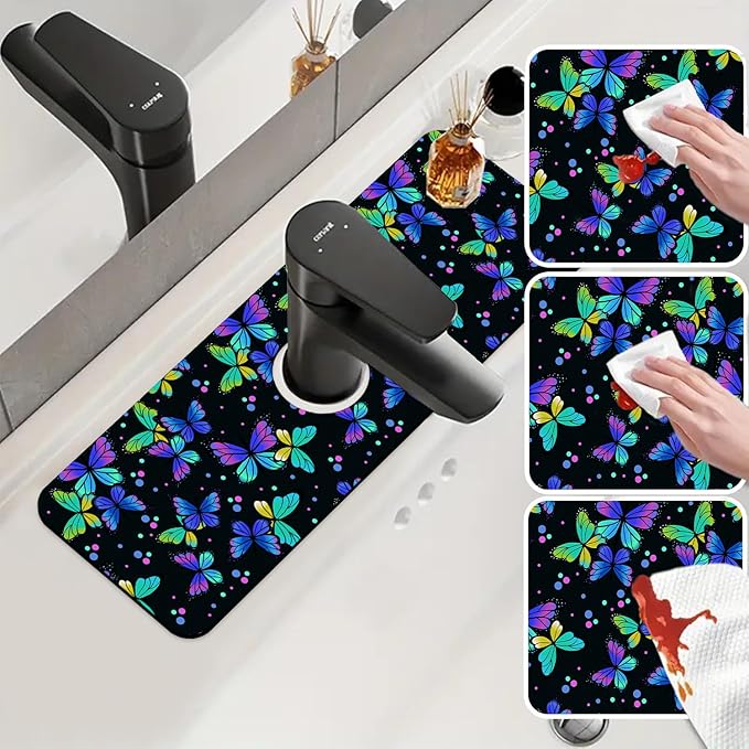 Sink Faucet Absorbing Mat Colourful Butterflies Sink Splash Guard Drying Mat for Kitchen Bathroom Faucet Sinkmat 15.5"X5.5"