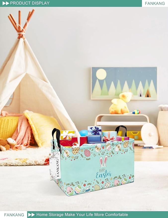 FANKANG Storage Bins, Nursery Hamper Canvas Laundry Basket Foldable with Waterproof PE Coating Large Storage Baskets for Kids Boys and Girls, Office, Bedroom, Clothes,Toys(Easter basket