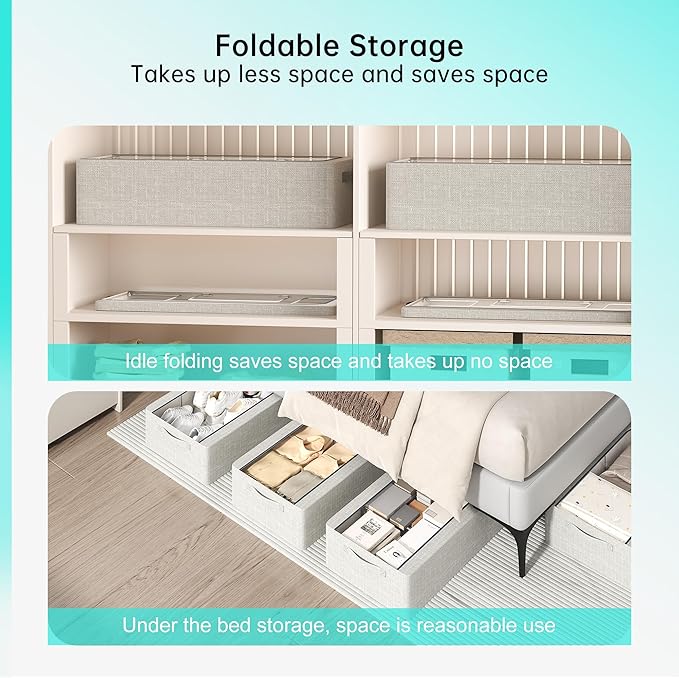 Under Bed Storage Bins with Metal Frame, Linen Fabric Frame Storage Box Clothes Organizer Bins, Underbed Container with Clear Window (Light Grey, 15.7 x 13 x 6IN)