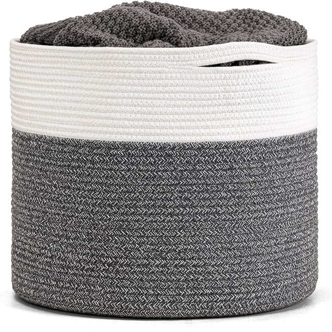 Goodpick Large Cotton Rope Basket, Blanket Basket Living Room 15.8"x15.8"x13.8" Baby Toy Storage, Woven Storage, Gray