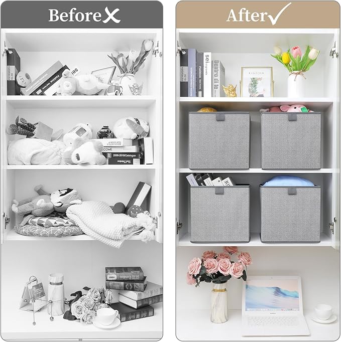 Storage Baskets, 11.8-Inch Woven Fabric Bins, Storage Cubes with Reinforced Handles, Organizer Bins for Closet Shelves, Foldable, for Toys, Clothes (3PCS/Grey-11.8*11.8*11.8inch)