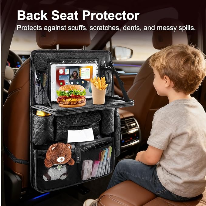 Car Seat Organizer with Foldable Table Tray - 11 Storage Pockets PU Leather Backseat Organizer with Tablet Holder, Seat Back Protector Kick Mat for Kids Family Road Trip Accessories (Black)