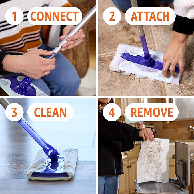 Amazon Basics Wet & Dry Sweeper Kit, 1 Sweeper Handle, 7 Heavy Duty Dry Floor Cloths, 3 Wet Floor Cloths, Pack of 1