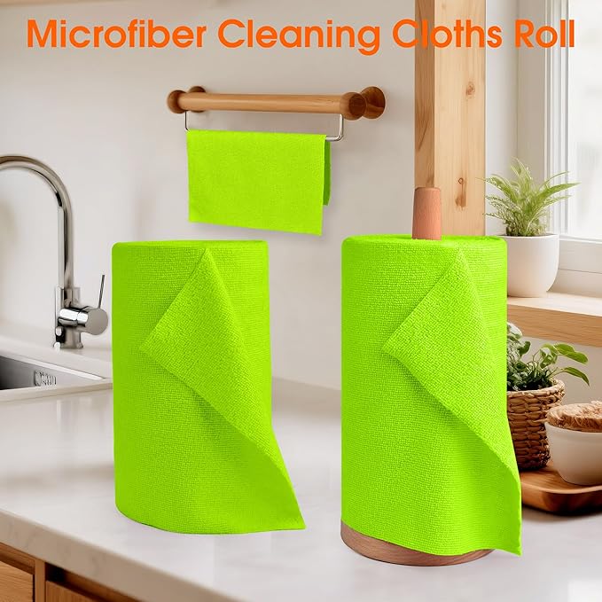 CHAUNCEY HOME Microfiber Cleaning Cloth Roll - 100 Pack Tear Away Microfiber Paper Towels, Reusable, Washable, Scratch-Free, Kitchen Towels for Car, Home, Kitchen, Glass, Dishes (Neon Green)