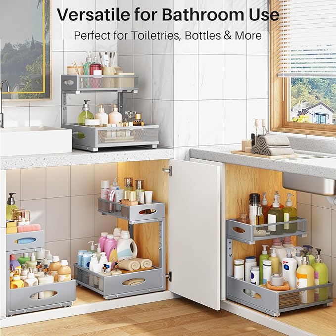 Under Sink Organizer, 2 Tier Pull Out Under Cabinet Organizer Shelf with Pad for Framed Cabinets, Metal Slide Out Under Sink Storage, Mesh Sliding Drawers for Kitchen Bathroom Laundry(Grey, 1 Pack)