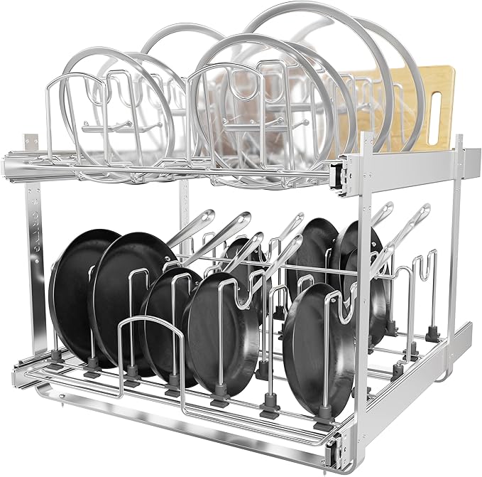 2-Tier Kitchen Pull out Cabinet Organizer for Pots, Pans, and Lid Cookware, Adjustable Heavy Duty Wire Pan and Pot Rack, Full-Extension Rail 21" W *22" D