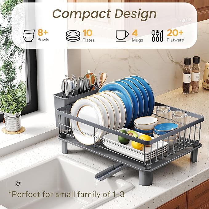 SNTD Dish Drying Rack - Small Dish Rack for Kitchen Counter, Stainless Steel Dish Drainer with Utensil Holder and Drainboard, 11" W x 15" L (Grey)