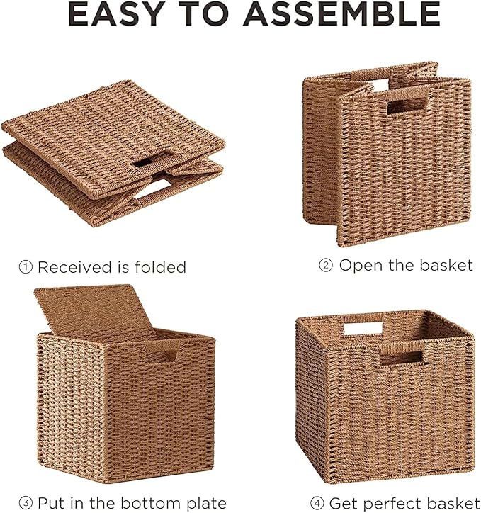 UBBCARE 2 Pack Wicker Basket, 11L×11H×10.5W inch Woven Paper Rope Storage Baskets for shelves, Foldable Cube Storage bin with Handle, Storage Basket for Organizing & Decor, Caramel