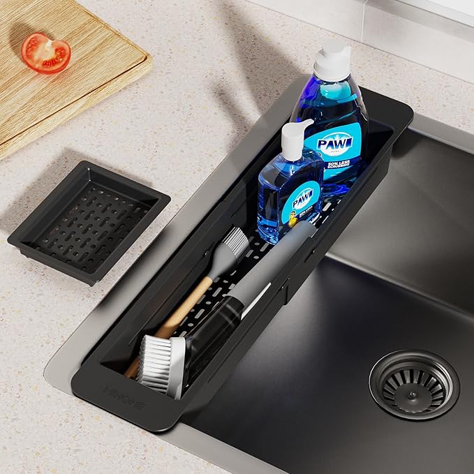 NiHome Extendable Over Sink Kitchen Organizer, Small Telescopic Brush Storage Rack for Sponge, Non-Slip Pads Expandable Sink Caddy, Adjustable Sponge/Brush Rack with Drainage Durable ABS (Black)