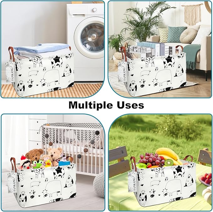 FANKANG Storage Basket,Nursery Hamper Canvas Laundry Basket Foldable with Waterproof PE Coating Storage, Office, Bedroom, Clothes,Toys(L, Rec-cows)