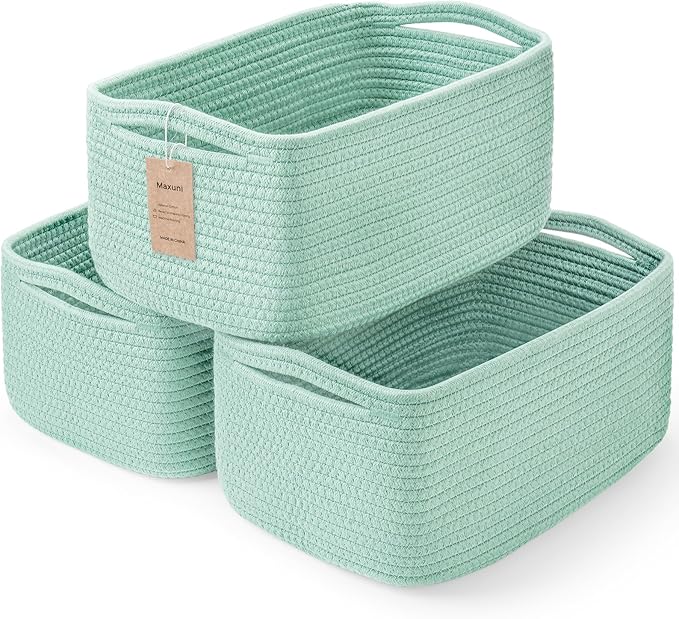 3-Pack Storage Baskets for Organizing | Woven Shelf Toy Basket | Rope Baskets for Gifts Empty | Closet Organizer Bins with Handles | Cube Decorative Box | 13.7×7.1×6.7” | Light Green