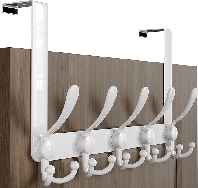 Dseap Over Door Hook 2.0 - Upgraded Version - Simple-Assembly, Strong, Heavy-Duty Stainless Steel 5-Tri-Hook Over The Door Hanger Rack, SimpleStrong Series, White