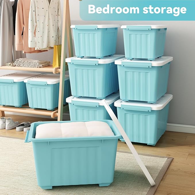 Nazhura 97 Quart Plastic Storage Bin, Stackable and Nestable Storage Boxes with White Lids and Secure Latching Buckles, Large Storage Container (Blue, 97Quart-6Pack)