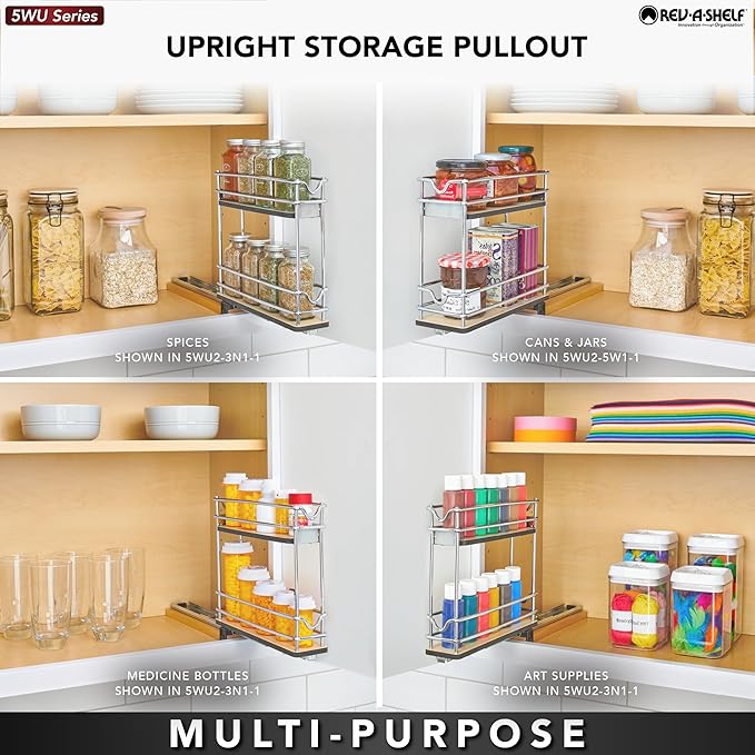 Rev-A-Shelf 5" Pullout Organizer for Cabinets, Two-Tier & Single-Wide Upright Sliding Storage for Kitchen Shelf, 5WU2-5W1-1