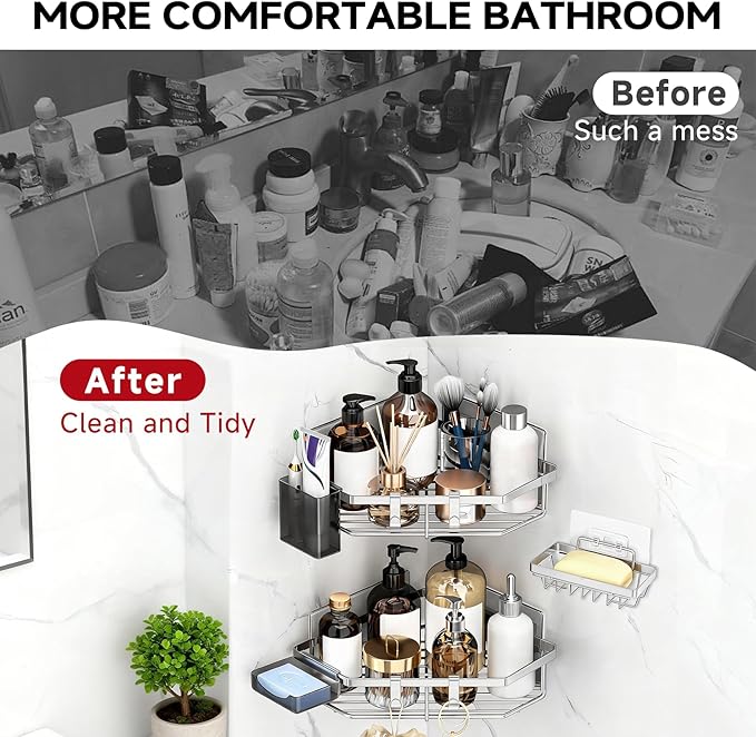 Corner Shower Caddy, 5-Pack Adhesive Shower Corner Organizer Shelves, No Drilling Stainless Steel Shower Storage Rack with Soap&Toothpaste Holder for Bathroom, Dorm and Kitchen (silver)