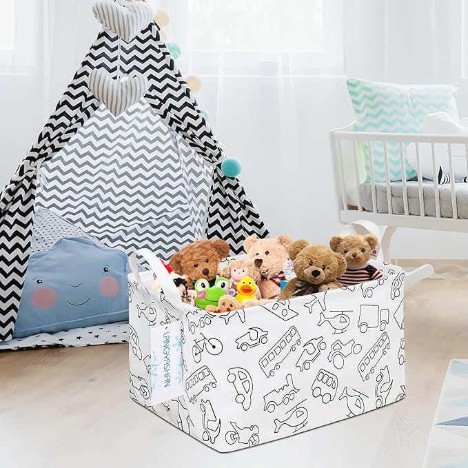 LANGYASHAN Rectangular Storage Bin Collapse Canvas Fabric Cartoon Storage Basket with Handles for Organizing Home Kitchen Boys and Girls Toys Office Closet Shelf Baskets (Rec Vehicle)