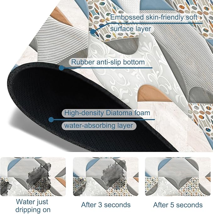Ceramic Wall Tiles Sink Splash Guard Faucet Mat Moroccan Graphics Super Absorbent Fast Drying Mat Sink Gadgets-Splash Guard Behind Faucet Drip Catcher for Kitchen Bathroom, 15.5"x5.5"