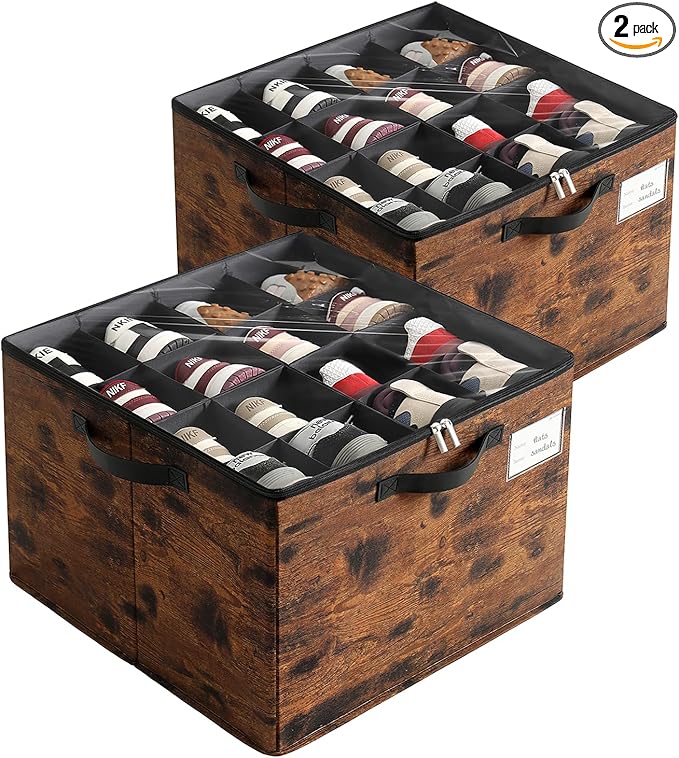 Varhomax Shoe Organizer Box for Closet 2 Pack, Fabric Shoe Storage Bin with Adjustable Dividers & Clear Cover, Holds up 16-32 Pairs of Sneakers & Sandals for Entryway, Cubby (Rust Brown)