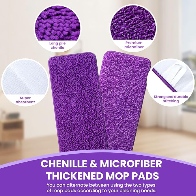 Reusable Mop Pads for Swiffer PowerMop,6 Pack Chenille and Microfiber Power Mop Pads Refills for 13 ''-15 '' SprayMop,Machine Washable Pads Replacement for Multi-Surface Floor Cleaning