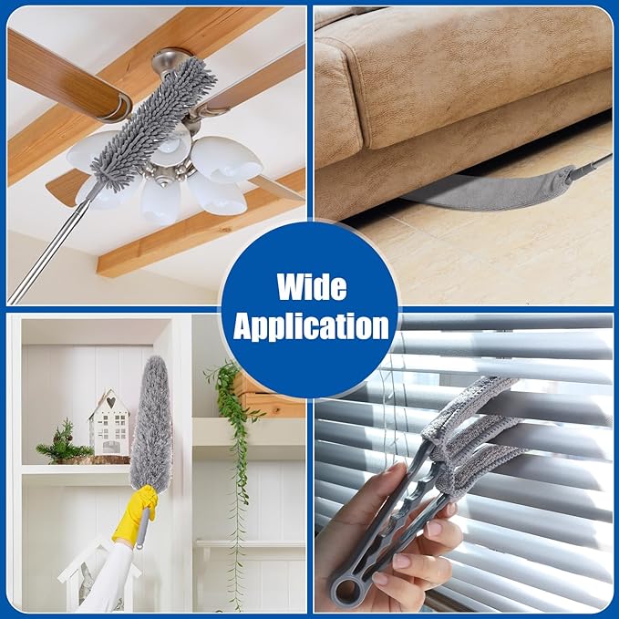 9PCS Dusters for Cleaning,Extendable Microfiber Duster with Extension Pole Up to 100'',Bendable Washable and Reusable Dusters Kit for Ceiling Fans, High Ceilings,Blinds,Furniture and Cars