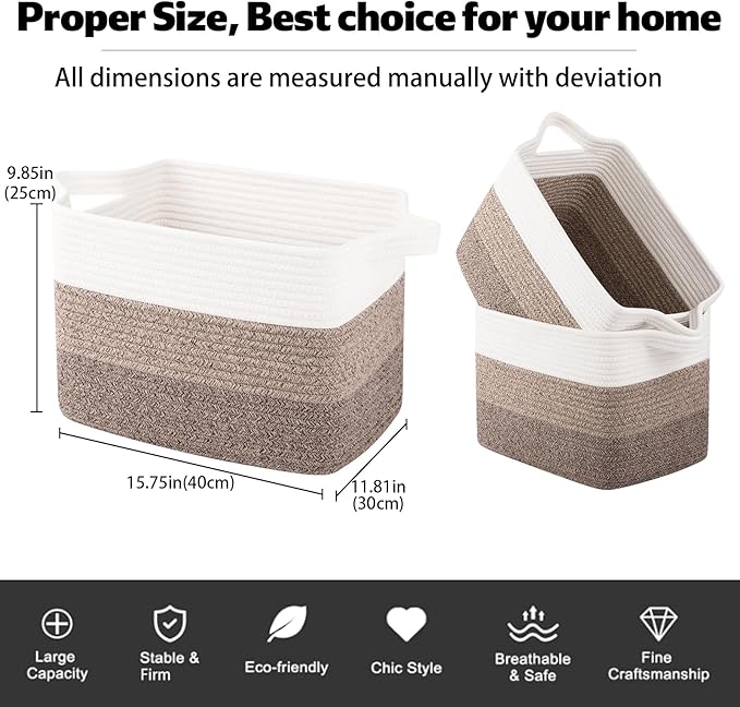 OIAHOMY Woven Storage Basket, Cotton Rope Baskets for Toys,Towel, Clothes, Used to Bathroom,Living Room,Nursery,Bedroom, 16"x12"x10"- Pack of 3, Gradient Dark Brown