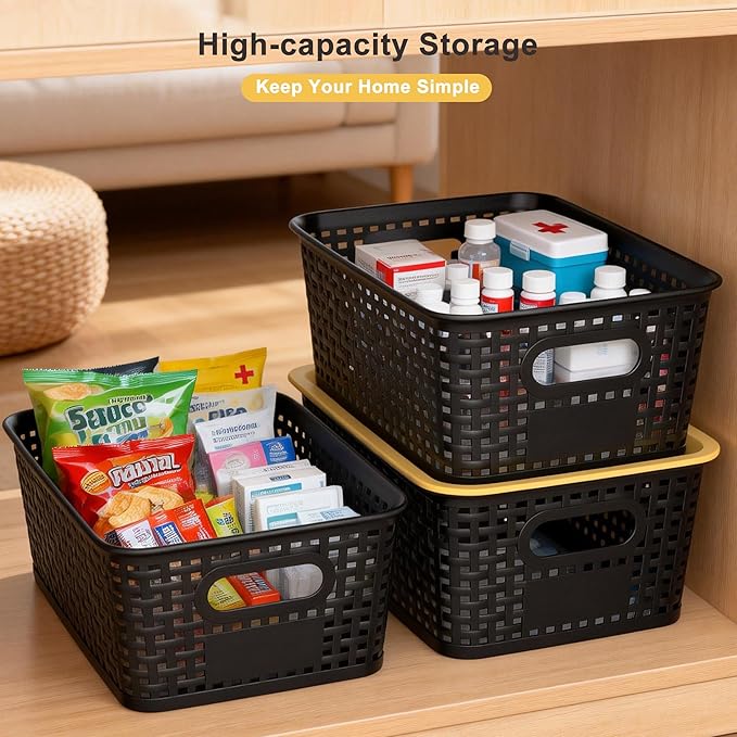 AREYZIN Plastic Storage Bins with Lid,Stackable Storage Bins and Storage Baskets for Shelves,Small Baskets for Organizing, Small Storage Bins,10.2x7.2x4.1 Inch,6-Pack, Black