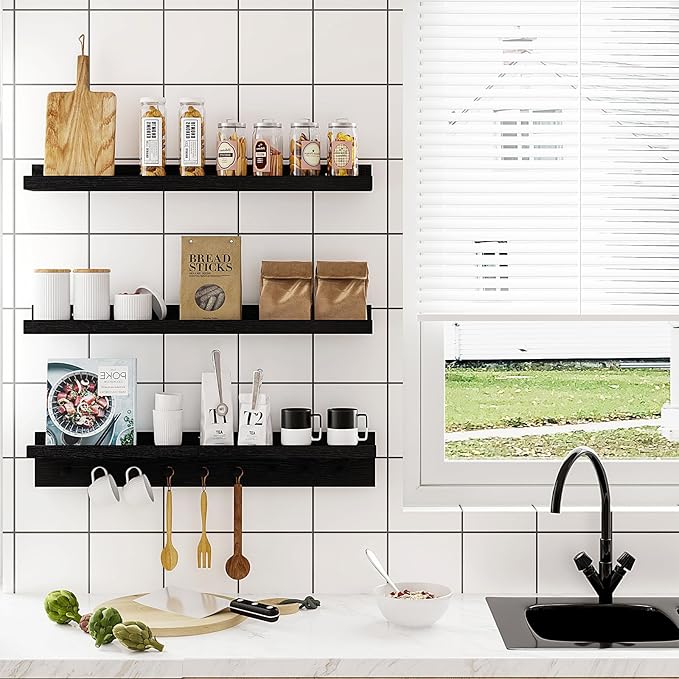 MBYD Floating Wooden Wall Shelves Black, Nursery Floating Bookshelf for Kids Room, Wall Mount Book Shelves with Hooks for Living Room Bedroom Bathroom, 36 Inch Picture Ledge Shelf Set of 3