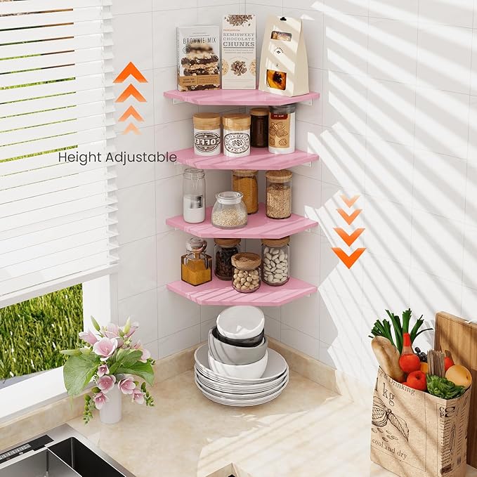 Homode Corner Shelf Wall Mount, Set of 4 Corner Floating Shelves, Wood Hanging Storage Shelving with Cord Hole, Wall Shelf Organizer for Bathroom Bedroom Living Room Office, Pink