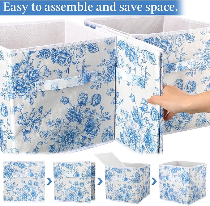 Geelin 6 Pcs Blue Floral Cube Storage Bins 11 Inch Blue Flower Storage Basket with Handle, Preppy Girls Organizer Basket, Collapsible Fabric Box for Classroom Bedrooms Office Home Decoration Gift