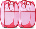 TECHMILLY Collapsible Mesh Pop Up Laundry Hamper with Sturdy Handles and Side Pocket - Portable Foldable Clothes Baskets for Dorm, Bathroom & Travel Storage (Pink, 2 Packs)