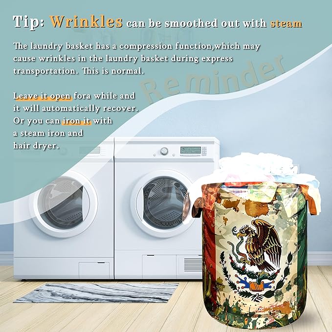 Mexican Flag Laundry Basket Retro Mexican Cactus Foldable Funny Laundry Hamper Oxford Cloth Colorful Tote Bag Clothe Toy Storage Bucket 18.9" x 16.5"For Bathroom/Laundry Storage/Bedroom