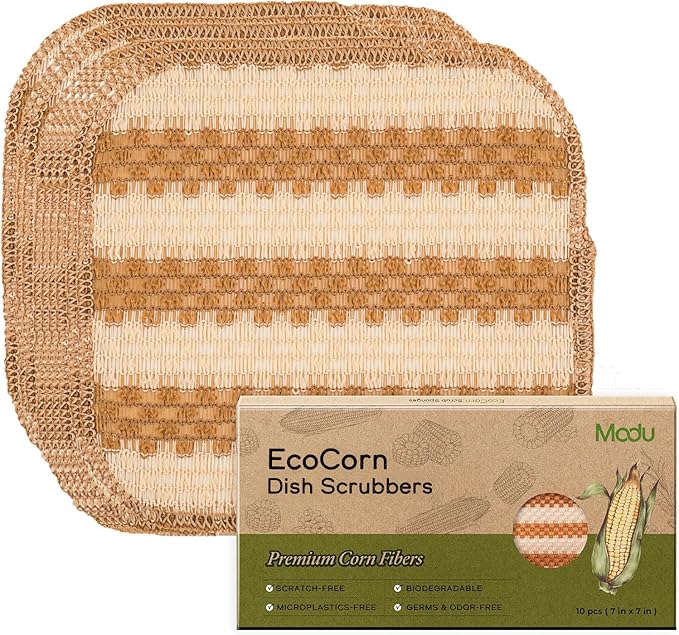 Modu 10 Pcs EcoCorn Dish Sponges Scrubbers – 100% Corn Fiber, Biodegradable Dishwashing Scrub Pads for Multipurpose Household Cleaning, Odor-Free, Plastic-Free Kitchen Mesh Net (Heavy Duty 10 Count)