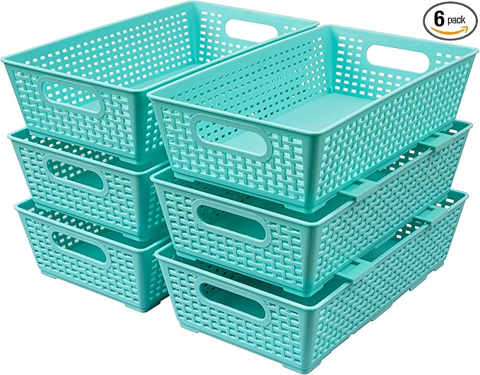 Tiawudi Stackable Woven Plastic Basket, Storage Bins for Cabinet, Closet, Shelf, Under Sink and Countertop, Pantry Organizer Bins, 6 Pack