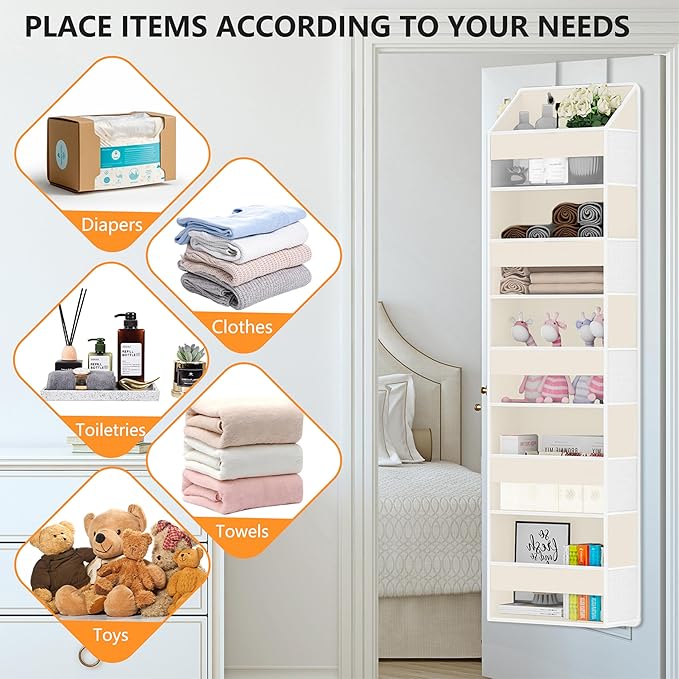 Over Door Organizer with 5 Large Pockets & 10 Mesh Side Compartments - Behind The Door Storage for Bathroom, Bedroom, Closet, Pantry, RV & Nursery - Baby Room Organizer Solution - Beige