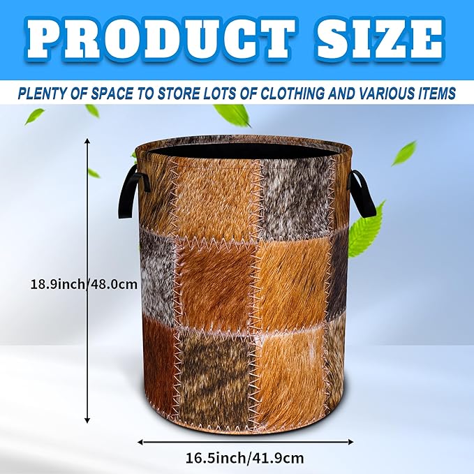 Faux Cowhide Patchwork Pattern Laundry Basket Oxford Cloth Funny Texture Laundry Hamper With Handle Foldable Portable Clothes Storage Basket 18.9 X 16.5 Storage Bag For Laundry Room/Bathroom/Bedroom