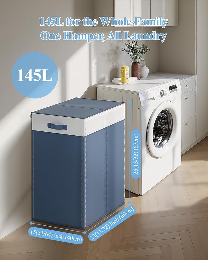 YECAYE 145L Double Laundry Hamper with Lid for Home, Dual Compartments hamper with Removable Bags, 2 Section Foldable Cloths Basket with lid, Double Cloths Basket with Color-Block Design