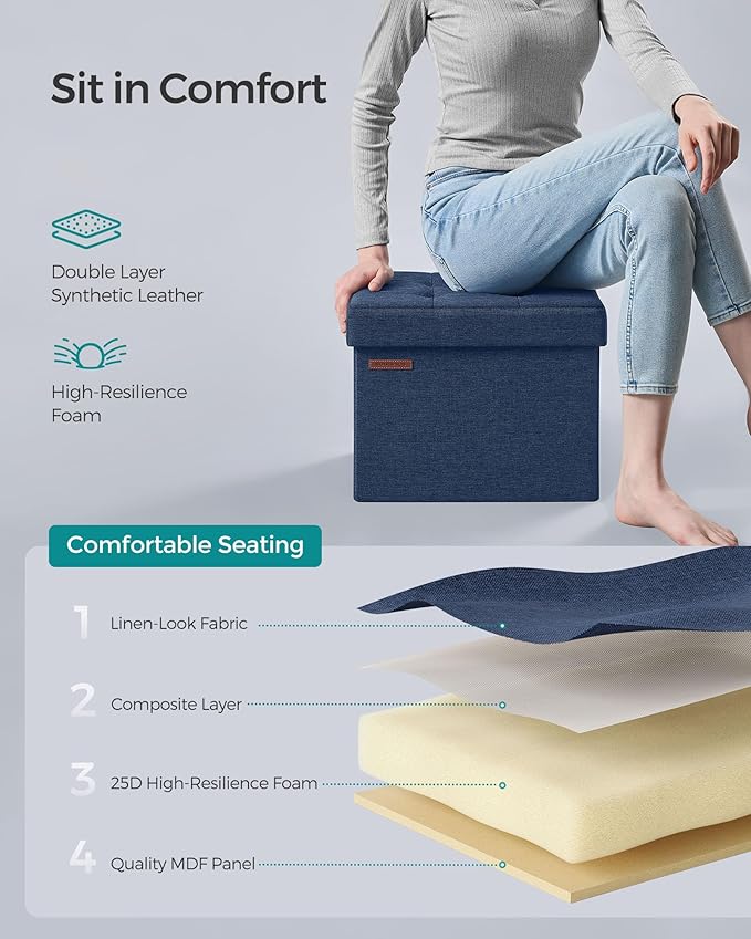 SONGMICS Mazie Collection - Small Folding Storage Ottoman, Foot Rest Stool, 12.2 x 16.1 x 12.2 Inches, 286 lb Load Capacity, for Living Room, Bedroom, Home Office, Dorm, Midnight Blue ULSF102Q02