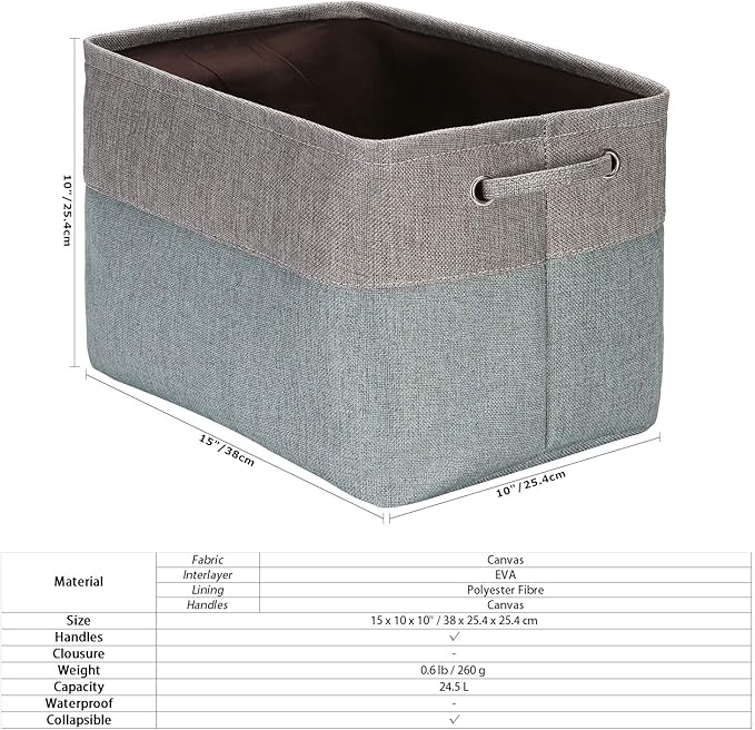Sea Team 3-Pack Large Storage Basket Set, Trunk Organizer, Clothes Toys Bin, 15 x 10 x 10 Inches, Big Rectangular Canvas Fabric Collapsible Shelf Box with Handles for Kids Room (Grey/Stone Blue)