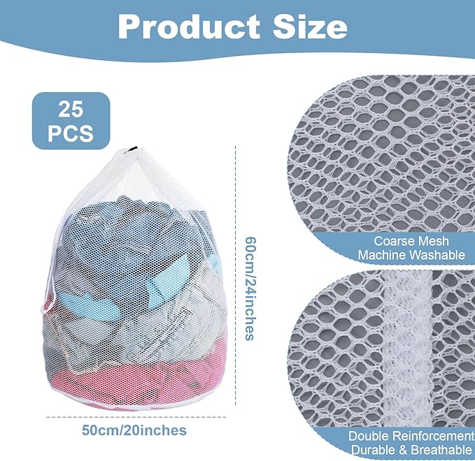 25 Pack Mesh Laundry Drawstring Bags, 20" x 24" Washing Machine Wash Bag Heavy Duty Washable Large Net Laundry Bag for Travel, College, Dorm, Apartment, Camping, Laundromat(White)