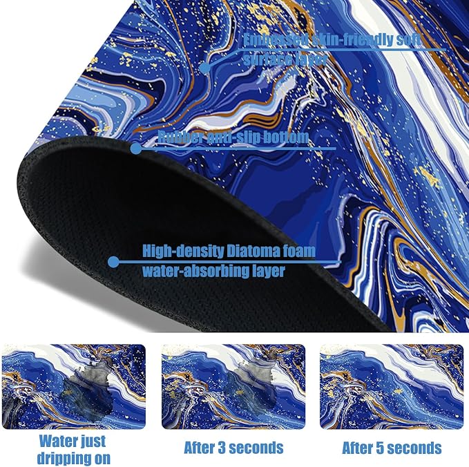 Sink Faucet Absorbing Mat Blue Gold Marble Sink Splash Guard Drying Mat for Kitchen Bathroom Faucet Sinkmat 15.5"X5.5"