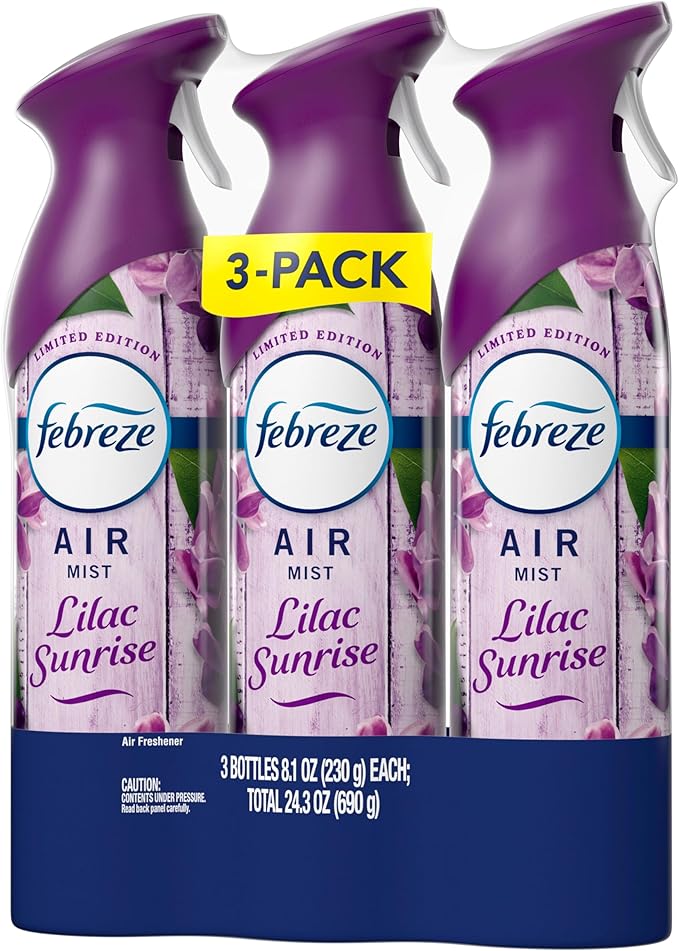 Febreze Air Mist, Air Freshener Spray, Odor Fighting Room Spray, Deodorizer for Home Bathroom Kitchen Office Apartment Dorm Room Classroom, Lilac Sunrise Scent, 8.1oz (Pack of 3)