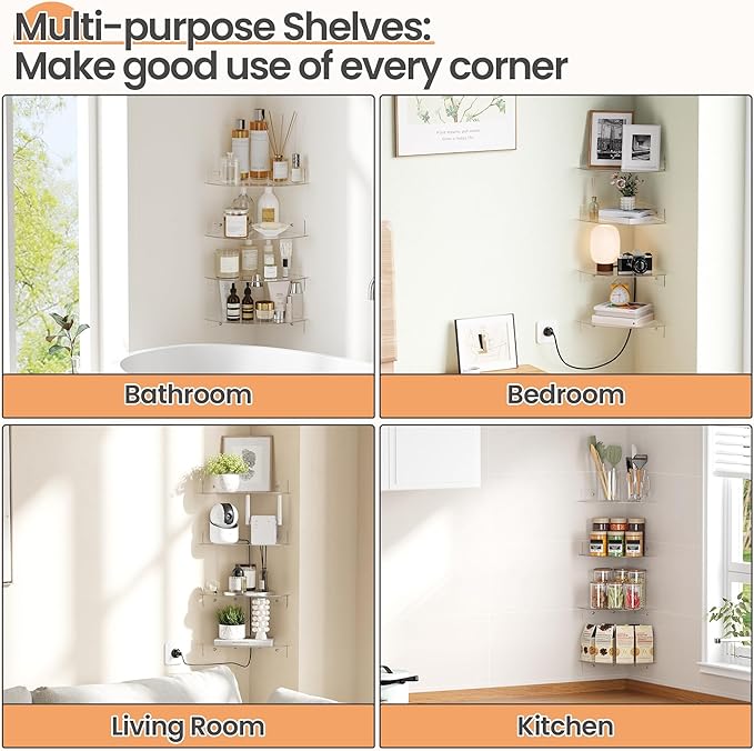 upsimples 4 Pack Acrylic Corner Floating Shelves, 10 in Clear Hanging Shelves with Cable Management Design, Wall Mounted Corner Storage Organizer for Bathroom, Bedroom, Living Room, Kitchen