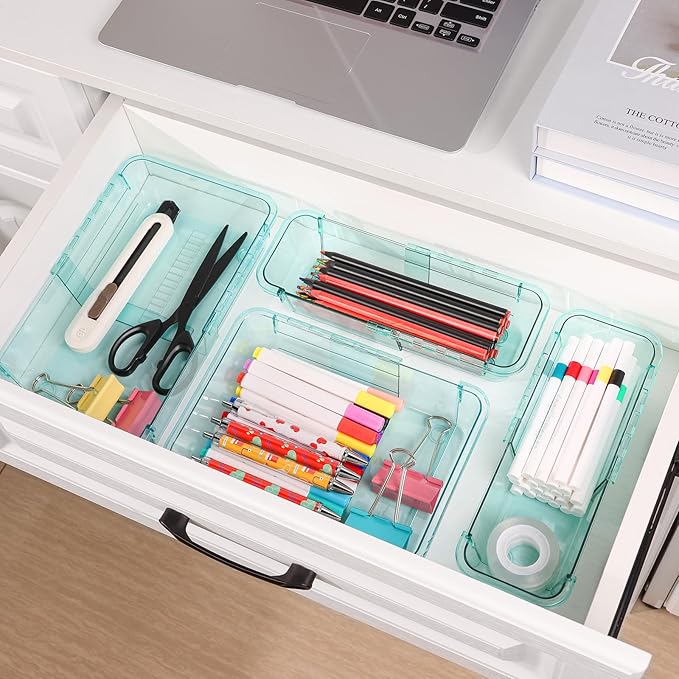 15 Pcs Extendable Clear Drawer Organizer, All Adjustable Vanity Storage Box, 2-Size Desk Drawer Organizer, Acrylic Storage Bins for Makeup, Bedroom Dressers Tool Organizer for Gadgets, Blue