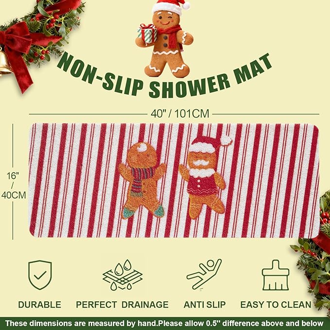Hargiis Christmas Non-Slip Bathtub Mat, Anti Slip Shower Mat, Fast Drying Bathtub Mats, Foot Scrubber Mat for Tub, Floor, Bathroom, Kitchen, Home, Hotel (Gingerbread Santa, 40"x16")