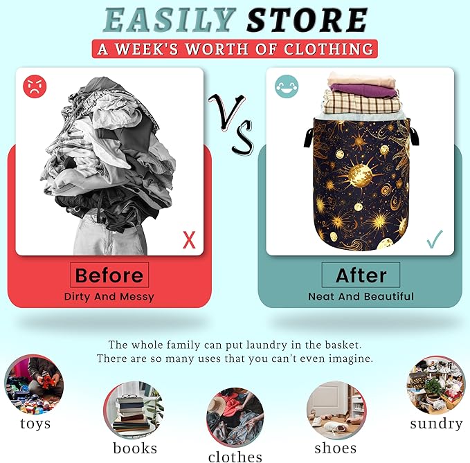 Golden Sun Pattern Laundry Basket Galaxy Funny Laundry Hamper Foldable Oxford Cloth Universe Colorful Tote Bag Clothes Toy Storage Bucket 18.9" x 16.5"For Bathroom/Laundry Storage/Bedroom