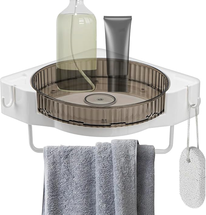 DODAMOUR 360° Rotating Corner Shower Caddy, No Drill Adhesive Turntable Shelf, Spinning Bathroom Organizer Rack with Towel Bar & Hooks for Shampoo Makeup Kitchen Spice (Grey)