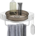 DODAMOUR 360° Rotating Corner Shower Caddy, No Drill Adhesive Turntable Shelf, Spinning Bathroom Organizer Rack with Towel Bar & Hooks for Shampoo Makeup Kitchen Spice (Grey)