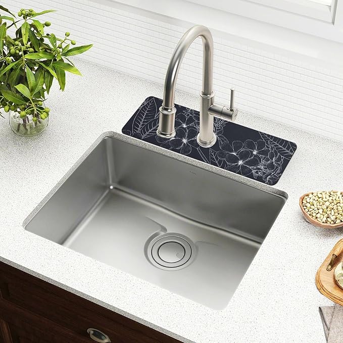 Kitchen Sink Splash Guard Sink Faucet Mat Faucet Handle Drip Catcher Drain Mats for Kitchen Bathroom Countertop Absorbent Dish Drying Mat Pad 2pack 14.7x5.4Inch Black White Floral